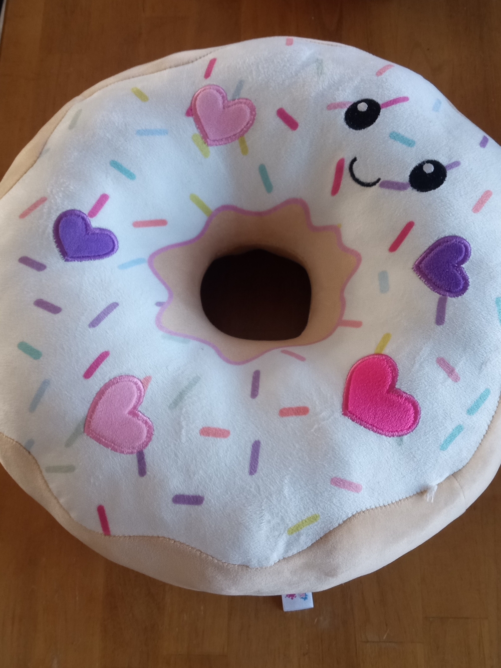 Plush Donut Neck Pillow for Kids - White Frosting with Pink & Purple Hearts